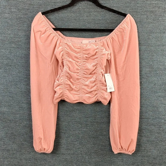 SO Tops - Barbie Pink Velvet Long Sleeve Ruched Crop Top, Square Neckline Juniors